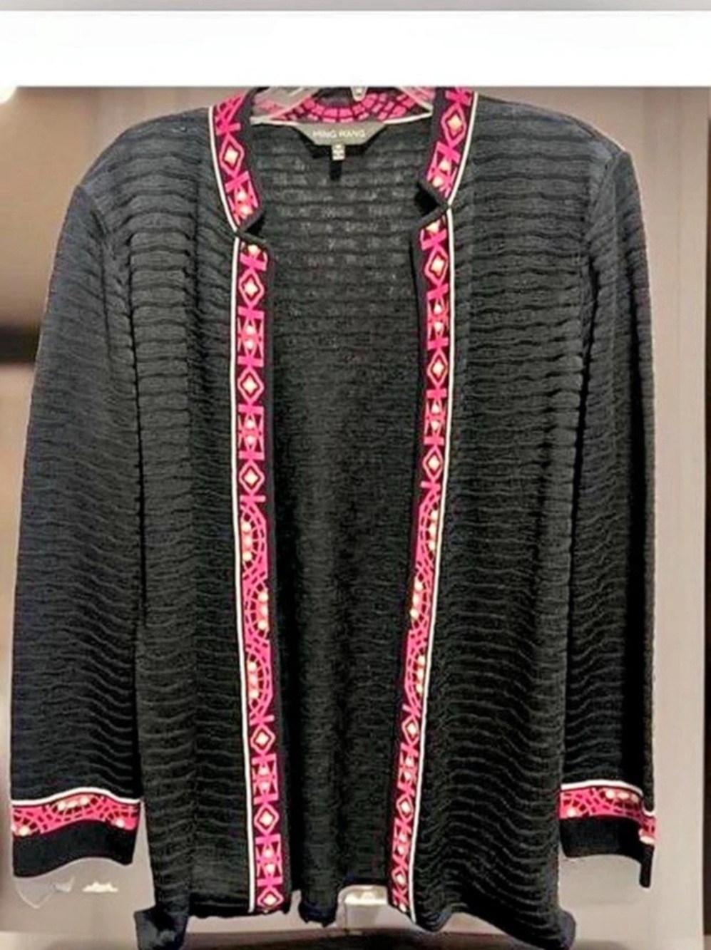 Ming Wang Geometric Trim Cardigan Black & Pink Medium